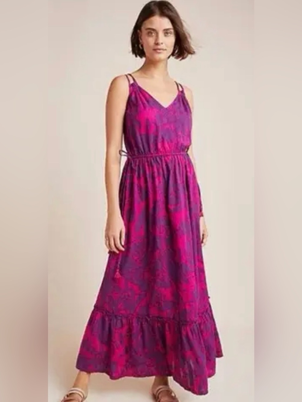 Anthropologie SATURDAY SUNDAY Tiered Maxi Dress Floral Tie Waist XS 100% Cotton